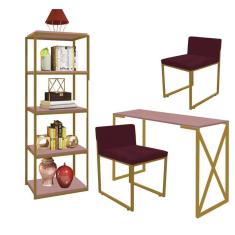 Imagem de Kit Escritório Bex 2 Cadeiras Suede Bordô com 1 Mesa e 1 Livreiro Ferro Dourado MDF Rose Rosa - Ahazzo Móveis
