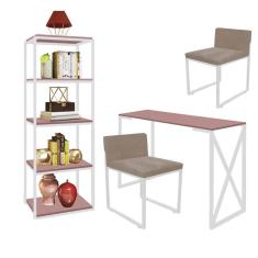 Imagem de Kit Escritório Bex 2 Cadeiras Suede Bege com 1 Mesa e 1 Livreiro Ferro Branco MDF Rose Rosa - Ahazzo Móveis