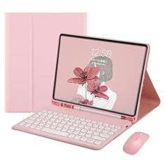 Imagem de HENGHUI Mouse com teclado para Galaxy Tab S9 FE 27.7 cm/Tab S9 27.9 cm / Tab S8 27.9 cm / Tab S7 27.9 cm capa de teclado com mouse bonito redondo teclado colorido removível sem fio BT capa para