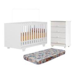 Imagem de Quarto de Bebê com Berço Mini Cama com Colchão Life e Cômoda de Bebê 100% Mdf 4 Gavetas Soft Life Branco
