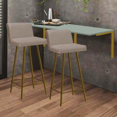 Imagem de Kit Mesa Suspensa de Parede Fixa MDF Verde Oliva + 2 Banquetas Lexi Ferro Dourado Sintético Bege - Ahazzo Móveis