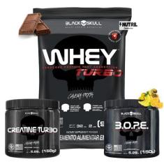 Imagem de Whey Protein Concentrado + Creatina Monohidratada 150g + Pré-Treino B.O.P.E 150g - Kit Black Skull Para Ganho de Massa e Força (Whey Turbo Chocolate - B.O.P.E Frutas Amarelas)