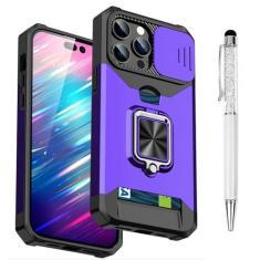 Imagem de Capa de TPU compatível com iPhone 15 Pro com protetor de câmera | Suporte de anel giratório de 360° | Capa de lente deslizante resistente a impactos | Capa protetora com suporte para cartão magnético