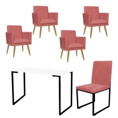 Imagem de Kit Escritório Stan 4 Poltronas Rodapé com Cadeira e Mesa Industrial Branco Preto Suede Rose Gold - Ahz Móveis