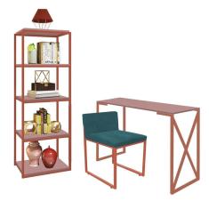 Imagem de Kit Escritório Bex 1 Cadeira Suede Azul Turquesa com 1 Mesa e 1 Livreiro Ferro Bronze MDF Rose Rosa - Ahazzo Móveis