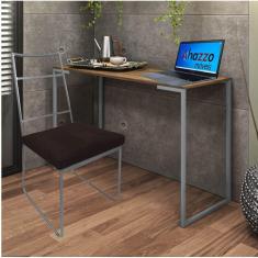 Imagem de Kit Escritório Stark Cadeira e Mesa Industrial Ferro Cinza Tampo MDF Carvalho Suede Marrom - Ahz Móveis