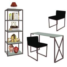 Imagem de Kit Escritório Bex 2 Cadeiras Suede Preto com 1 Mesa e 1 Livreiro Ferro Marrom MDF Verde Oliva - Ahazzo Móveis