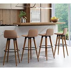 Imagem de KIT 4 BANQUETAS ALTAS LUXO VERSATIL AÇO PRETO LINHO TERRACOTA BASE CARVALHO