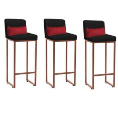 Imagem de Kit 03 Banqueta Alta com Encosto Lucca Industrial Cozinha Balcão Ferro Bronze Sintético Preto e Almofada Vermelho - Ahazzo Móveis