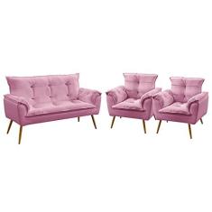 Imagem de Kit Poltrona Namoradeira e 2 Poltronas Decorativas Opala Sued Rosê Aradecor