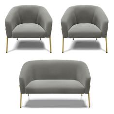 Imagem de Sofá Namoradeira E 2 Poltronas Pé De Ferro Dourado Stella Suede Grafite D03 - D'rossi