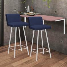 Imagem de Kit Mesa Suspensa de Parede Fixa MDF Rosa + 2 Banquetas Lexi Ferro Branco Sintético Azul Marinho - Ahazzo Móveis