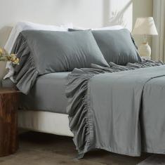 Imagem de Simple&Opulence Jogo de cama 100% algodão orgânico elegante e chique (1 lençol de cima, 1 lençol com elástico e 2 fronhas com babados) com acabamento feminino encantador de babados longos - cinza,