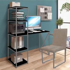Imagem de Kit Escritório Mesa Max BeX 5 Prateleiras e Cadeira Stan Prata Tampo Preto Suede Bege - Ahz Móveis