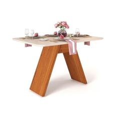 Imagem de Mesa p/ Cozinha Fit c/ Tampo Madeirado c/ Vidro Curvo 136x90cm Rústico Terrara/Off White - DJ Móveis