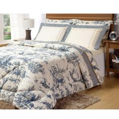 Imagem de Jogo de Cama Queen 200 Fios Porcelana Azul e Palha 4pçs