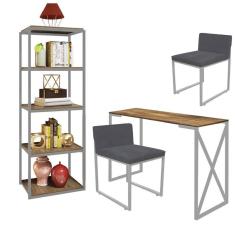 Imagem de Kit Escritório Bex 2 Cadeiras Sintético Cinza com 1 Mesa e 1 Livreiro Ferro Cinza MDF Freijó - Ahazzo Móveis