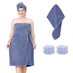 Imagem de Defresit Envoltório de toalha para mulheres tamanho grande toalha de banho vestível envoltório com toalha de cabelo fecho elástico superior macio ajustável microfibra vestido toalha spa envoltório