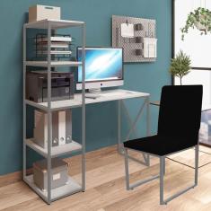 Imagem de Kit Escritório Mesa Max BeX 5 Prateleiras e Cadeira Stan Prata Tampo Branco Sintético Prata - Ahz Móveis