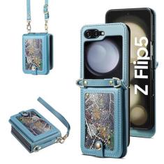 Imagem de Capa carteira compatível com Samsung Galaxy Z Flip 5 5G 2023 e alça de pulso transversal com cordão suporte de cartão de crédito de couro luxuoso à prova de choque ZFlip5 Z5 G Flip5 5Z capa de