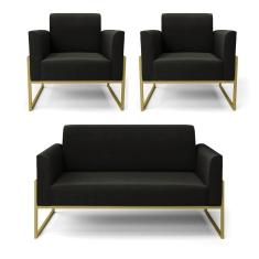 Imagem de Sofá Namoradeira Com 2 Poltronas Base Industrial Alta Dourado Marisa Suede Preto D03 - D\`rossi