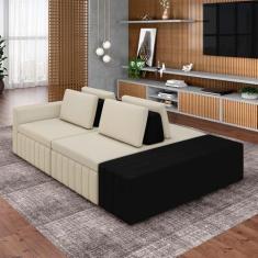 Imagem de Sofá Ilha com Encosto e Almofadas Móveis Olimpo 285cm Modulado Linho/PU Bege/Preto G45 - Gran Belo