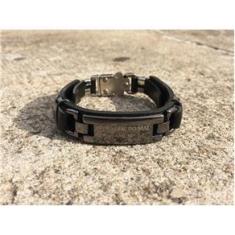 Imagem de Pulseira De Couro Livrai-me Do Mal Amém Verniz Preto