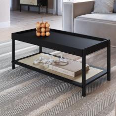 Imagem de Mesa de Centro Retangular com Prateleira 93cm Palhinha Pé Madeira Oslo Nero/Preto