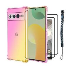 Imagem de TANOVCEP Capa de TPU gradiente flexível para Google Pixel 7 Pro com cordão, [4 em 1] - 2 películas de vidro temperado 9H, à prova de choque, revestimento traseiro antiamarelamento para Pixel 7 Pro