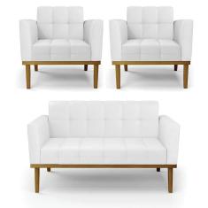 Imagem de Sofá Namoradeira E 2 Poltronas Base Madeira Castanho Elisa Corino D03 - D`rossi Cor Branco