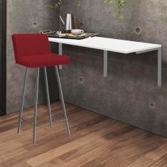 Imagem de Kit Mesa Suspensa de Parede Fixa MDF Branco + 1 Banqueta Lexi Ferro Cinza Corino Vermelho - Ahazzo Móveis