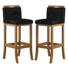 Imagem de Kit 2 Banquetas Alta Encosto Estofado 38x102 Cm Ilha Turim Madeira Maciça Amêndoa Suede Preto CCS
