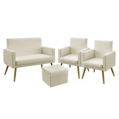 Imagem de Kit Poltrona Namoradeira e 2 Poltronas Decorativas Estofada Sala De Estar Nina Rodapé e Puff Quasar Sued Bege Aradecor