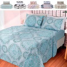 Imagem de Jogo de Cama Lençol 4 Peças Casal Com Elástico Estampado 138x188x30cm - BF Colchões