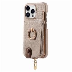 Imagem de Carteira de couro com zíper com porta-cartão capa de telefone para iPhone 13 12 Mini 15 14 11 Pro Max XS XR X 7 8 Plus Ring Kickstand Cover, cáqui, para iPhone 14