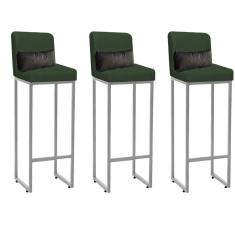 Imagem de Kit 03 Banqueta Alta com Encosto Lucca Industrial Cozinha Balcão Ferro Cinza Suede Verde e Almofada Cinza - Ahazzo Móveis