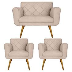 Imagem de Kit Namoradeira e 2 Poltrona Decorativa Sala Comercial Isabella Suede Bege - DL DECOR