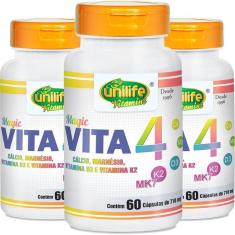 Imagem de Kit 3 Vita 4 Cálcio Magnésio Vitamina D e K2 Unilife 60 Cápsulas