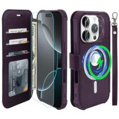 Imagem de VANAVAGY Capa carteira compatível com iPhone 16 Pro para carregamento sem fio Magsafe, pulseira flip de couro [protetores de tela de vidro e protetores de lente da câmera] com suporte de cartão de