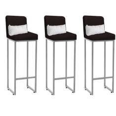 Imagem de Kit 03 Banqueta Alta com Encosto Lucca Industrial Cozinha Balcão Ferro Cinza Corino Marrom e Almofada Branco - Ahazzo Móveis
