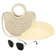 Imagem de Kit Bolsa de Palha Feminina + Viseira Solar e Óculos de Sol Verão Piscina Moda Praia (Areia+Preto)
