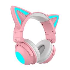 Imagem de Fones de ouvido sem fio e com fio, orelha de gato LED luz acima Bluetooth sobre orelha Microfone Aurores de amacio de memória macia, fone de ouvido de jogo estéreo dobrável compatível para computador