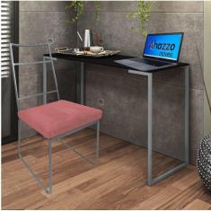 Imagem de Kit Escritório Stark Cadeira e Mesa Industrial Ferro Prata Tampo MDF Caramelo Suede Rose Gold - Ahz Móveis