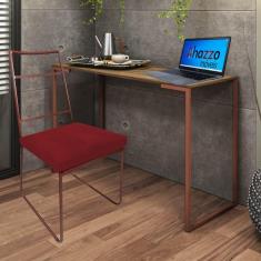 Imagem de Kit Escritório Stark Cadeira e Mesa Industrial Ferro Bronze Tampo MDF Rústico Suede Vermelho - Ahz Móveis