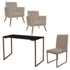 Imagem de Kit Escritório Stan 2 Poltronas Maria com Cadeira e Mesa Industrial Preto Bronze Suede Bege - Ahz Móveis