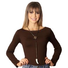 Imagem de Blusa Feminina Manga Longa Marrom  Decote Canoa