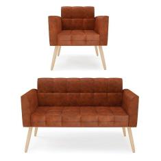 Imagem de Kit 1 Sofá Namoradeira E 1 Poltrona Elisa Corano Nozes Pés Palito Natural - D`rossi