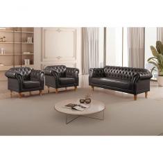 Imagem de Conjunto Sofá Chesterfield 3 Lugares + 2 Poltronas couro Ecológico Preto 300