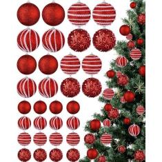 Imagem de Sonwyoung 32 bolas penduradas de Natal, enfeites de bola de pérolas de Natal, 3 tamanhos, com glitter, pérola, bola de Natal, lantejoulas, enfeites de árvore de Natal, bolas de pérolas para guirlanda