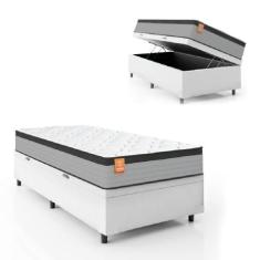 Imagem de Cama Box Baú Colchão Solteiro Molas Ensacadas Real 88X188x68cm Linho Branco / Preto Inducol - Suporta Até 130Kg Por Pessoa